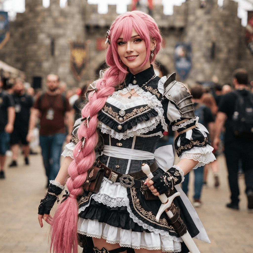 a slender pink haired knight with a very long braid and a black and white frilled outfit, cosplay portrait, waist up, detailed costume