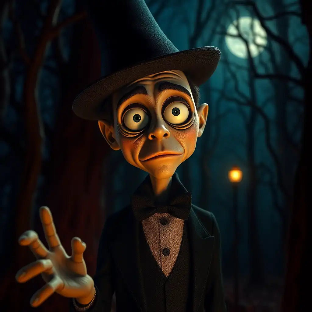 Visual Style: Tim Burton, Genre: Gothic Fantasy, Subject(s): Mysterious Character, Time Period: Contemporary, Color: Earthy and Vibrant, Aspect Ratio: 16:9, Format: Digital, Frame Size: 4K, Lens Size: 35mm, Composition: Dynamic, Lighting: Dramatic, Lighting Type: Mixed (Artificial and Natural), Time of Day: Nighttime, Environment: Eerie, Location Type: Haunted Forest, Set: Whimsical, Camera: Digital Art Software, Lens: Digital Brush, Film Stock / Resolution: High Resolution, Tags: Tim Burton, Gothic Fantasy, Earthy Colors, Vibrant Colors, Mysterious Character, Haunted Forest, Whimsical, Nighttime