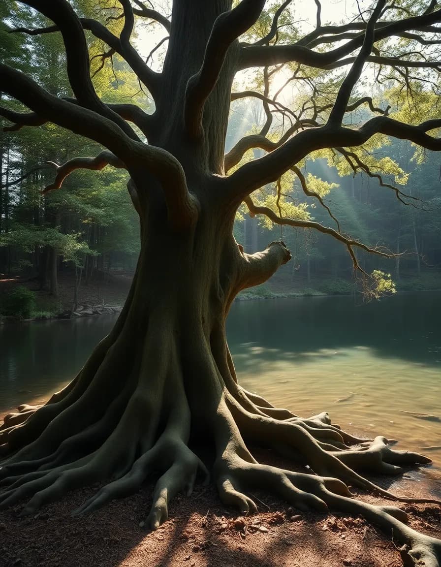 Ancient wise old tree with large roots near a clear pond, soft mystical glow on branches, forest background, gentle sunlight rays, wise and calm energy, nature spirit vibe, minimalist fantasy style, no face on tree, peaceful and deep mood"