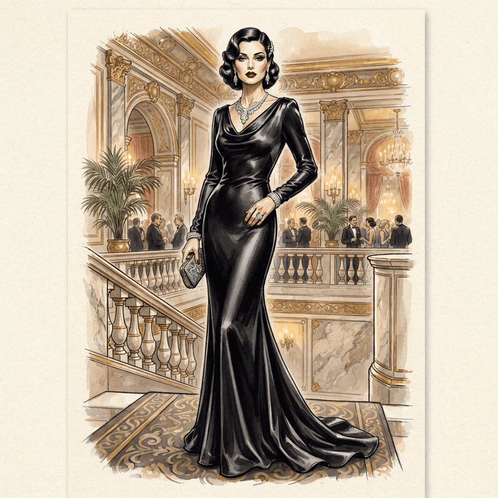 old glamour fashion, floor length satin gown, diamond jewelry, sleek finger waves, full length gown look, fashion illustration, full body