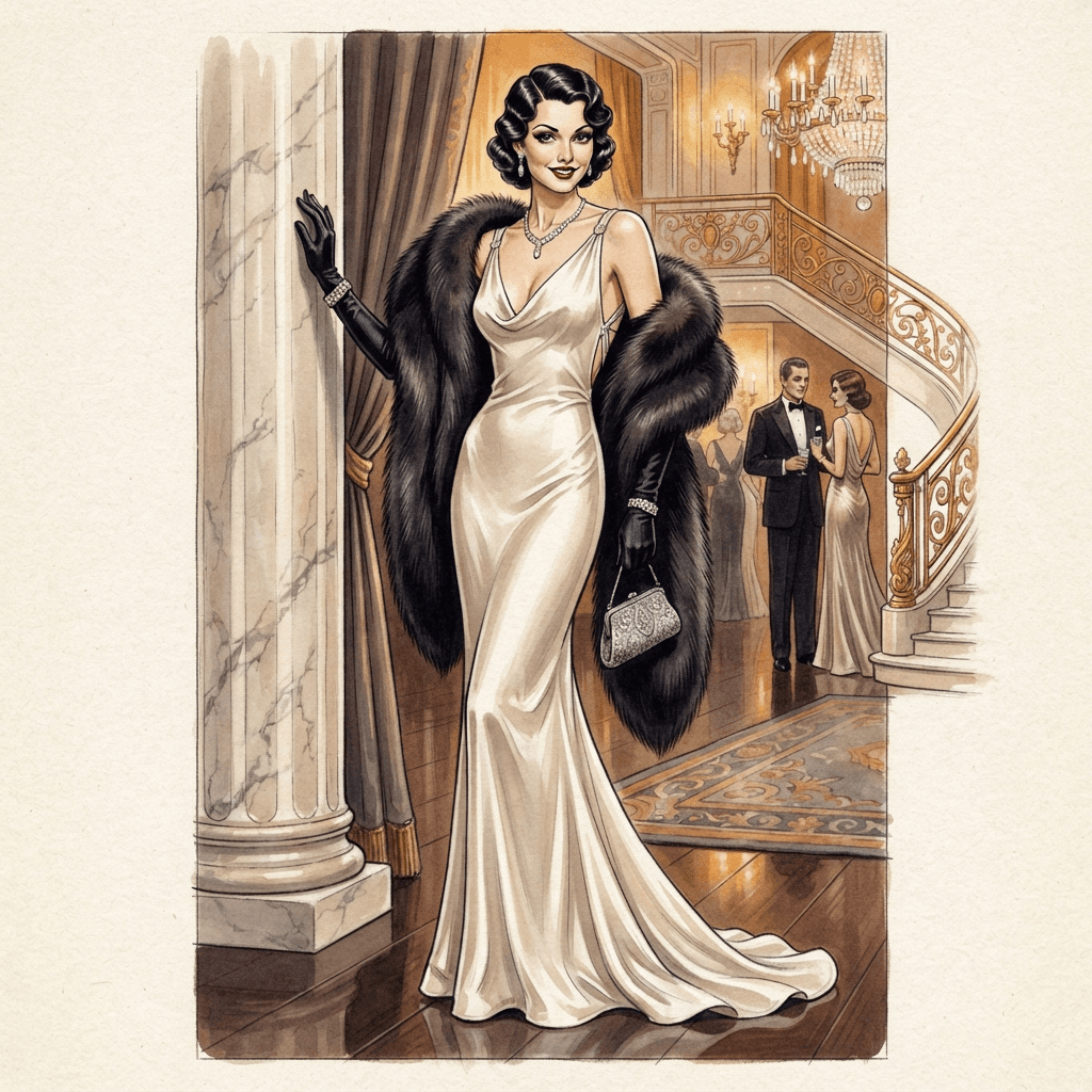 retro hollywood glamour fashion, satin bias cut gown, fur stole, elbow gloves, finger waves, full length gown look, fashion illustration, full body