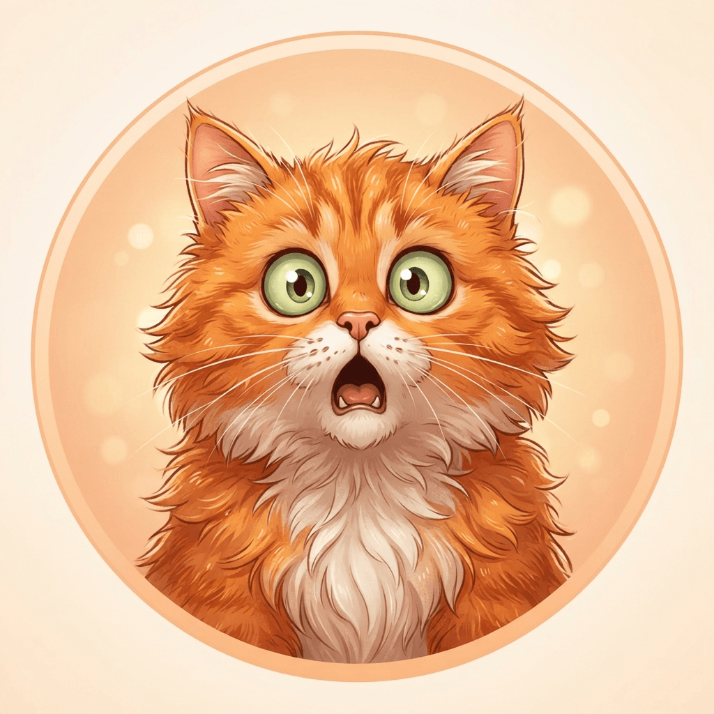 startled fluffy orange cat close-up avatar portrait, huge wide surprised eyes, funny cartoon illustration, funny pfp