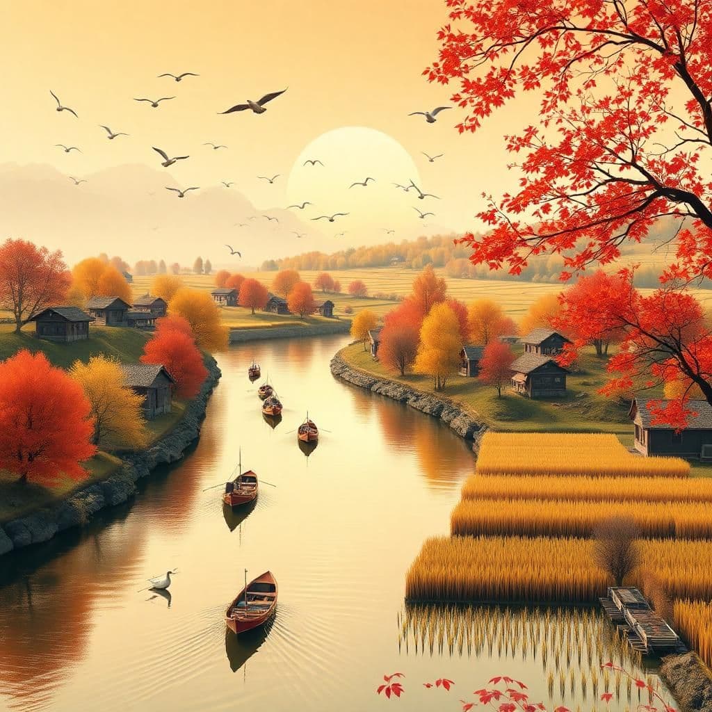 Autumn scenery in Heilongjiang, China, with full colors and no blank space, flat style, golden waterways with fishing boats and waterbirds, reddish maple leaves, rice fields with harvesters and many barns, and migratory birds in the air