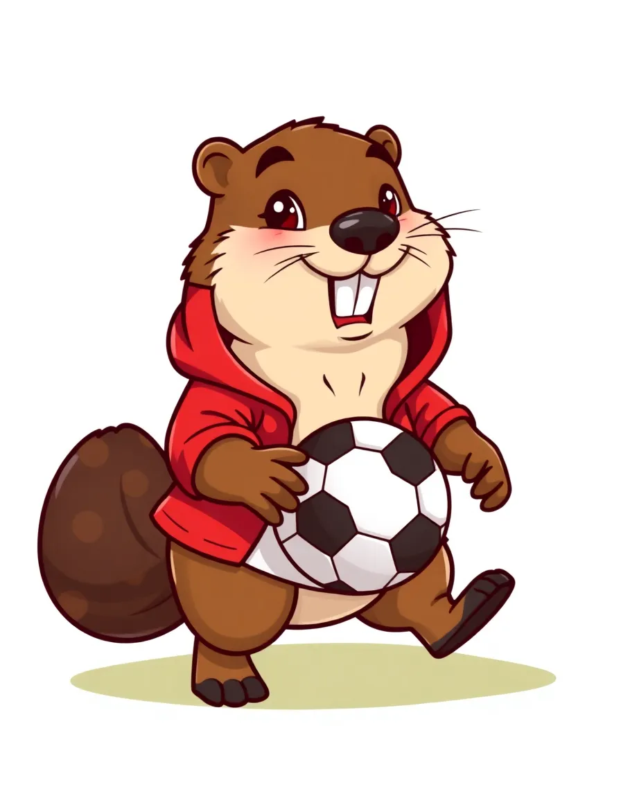 Cute cartoon beaver playing soccer, wearing red hoodie, holding ball, World Cup 2026 mascot design, soft shading, vector illustration, white background”

