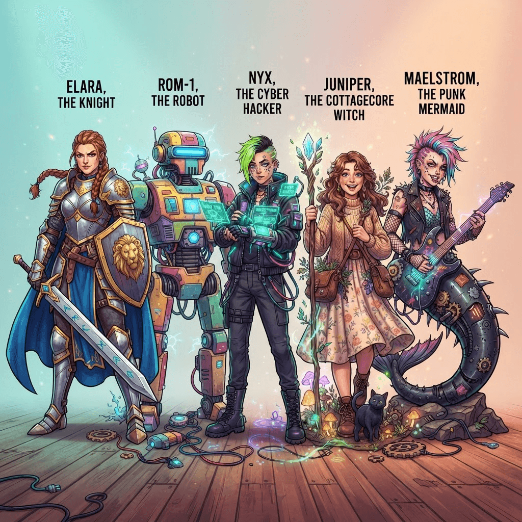 five wildly different original characters lined up together, a knight a cyber hacker a cottagecore witch a robot and a punk mermaid, colorful chaotic energy, clean soft gradient studio background, vibrant, crisp high detail, digital illustration