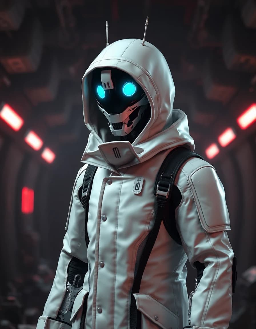 A Worker Drone character from Murder Drones series, malevolent rogue synth, smooth white metallic robotic body, wearing a long white tactical winter coat with black trim and a hood pulled over the head. Large glowing neon cyan digital eyes on a black visor face, tiny antennas on the head. Sci-fi apocalyptic setting, dark bunker background with red ambient emergency lighting. 3D CGI animation style, high-quality render, octane render, metallic textures, cinematic lighting, Glitch Productions style.