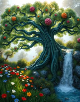 a huge ancient green tree, a beautiful waterfall, a colorful flower garden, lush green grass in a peaceful natural landscape, soft morning sunlight, rendered in art glass murano style with luminous cobalt blue, ruby red, amber, emerald and opalescent white, millefiori flower patterns, filigrana glass threads, sommerso layered colors, organic bubble inclusions and aventurine gold flecks, sinuous glass forms refracting internal light.