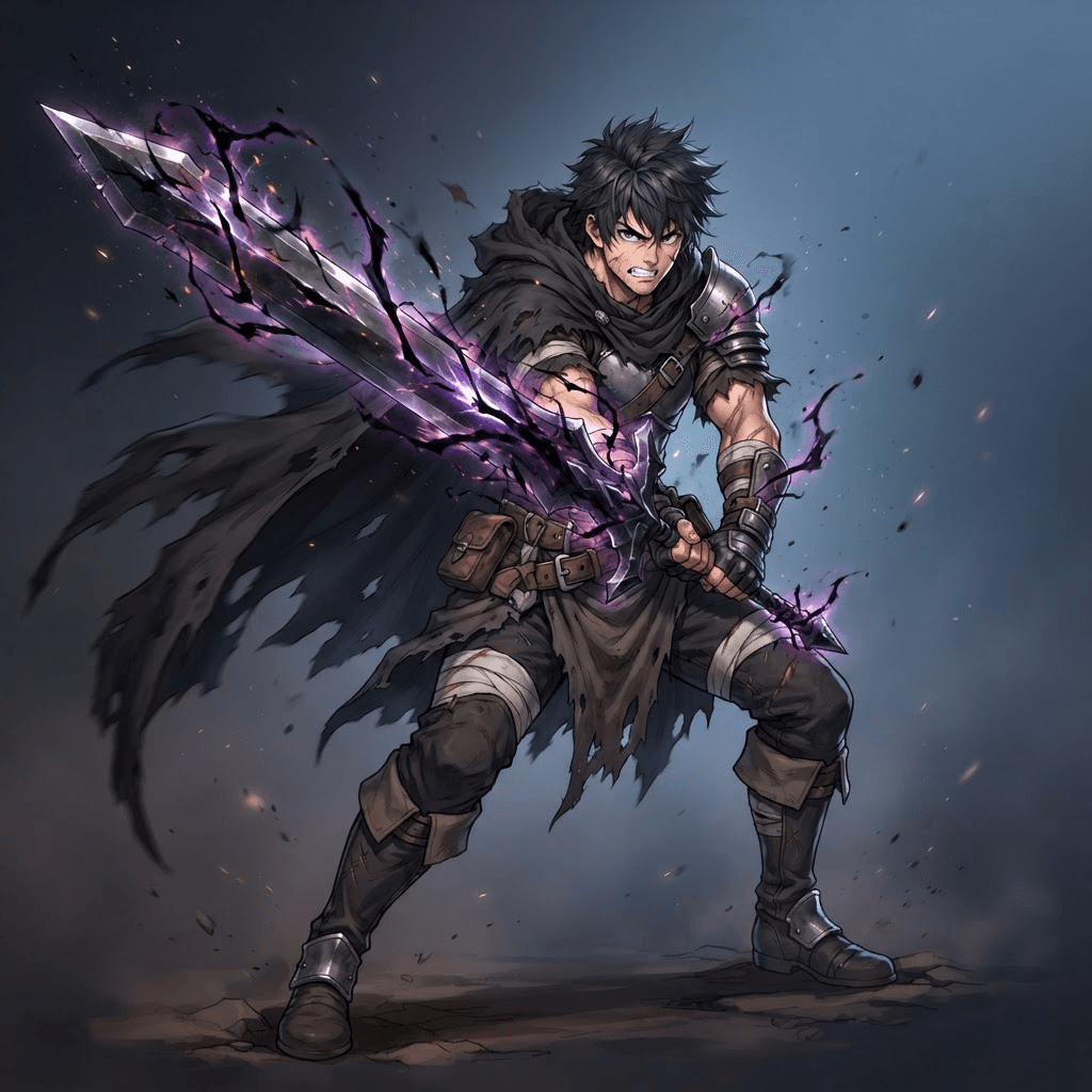 Original anime swordsman character wielding a massive dark anti-magic greatsword, black energy crackling along the blade, fierce expression, tattered black cloak, shonen fantasy anime style, clean soft gradient studio background, vibrant, crisp high detail, digital illustration