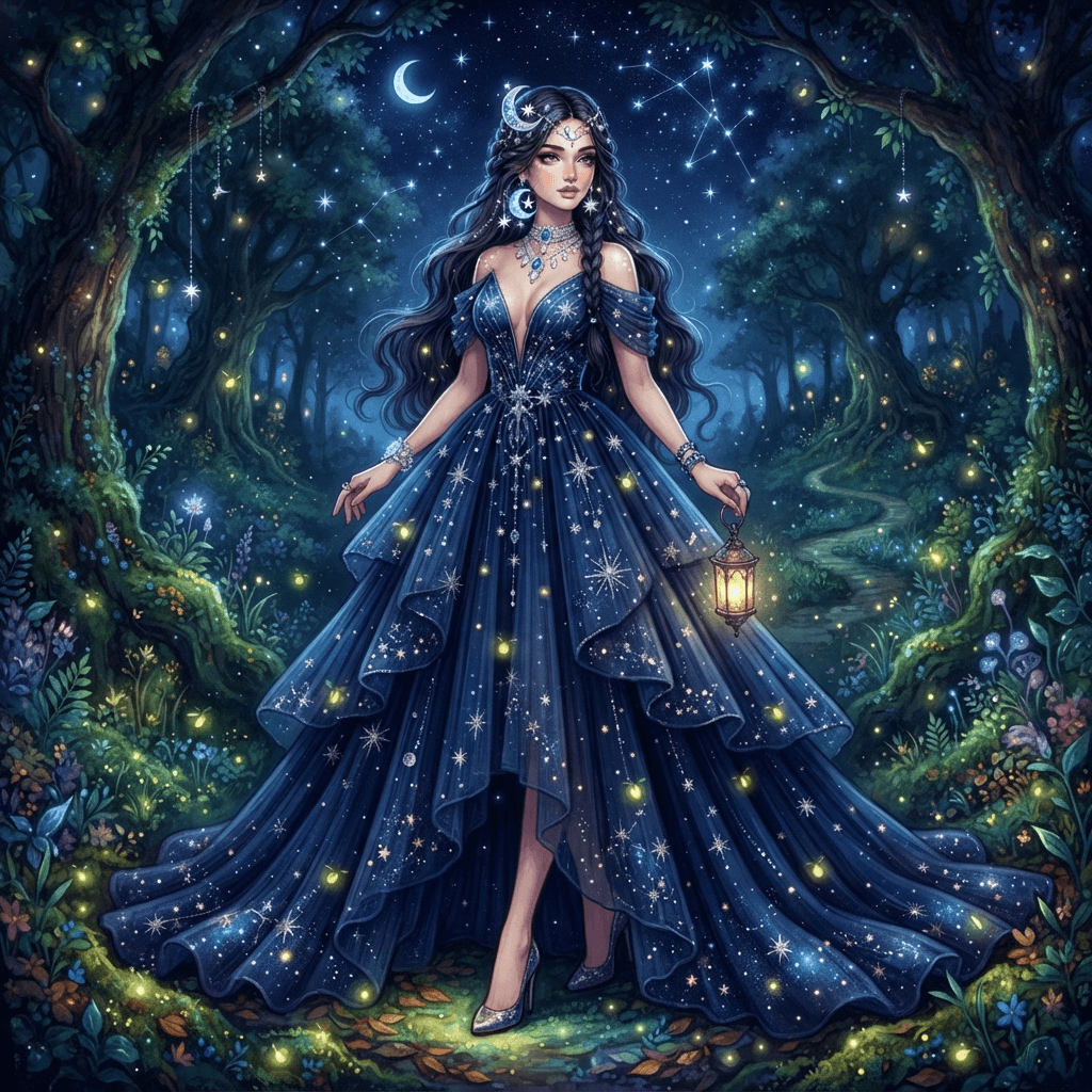 enchanted night fashion, starlit tulle gown, glowing firefly accents, deep midnight blue, styled with statement accessories, fashion illustration, full body