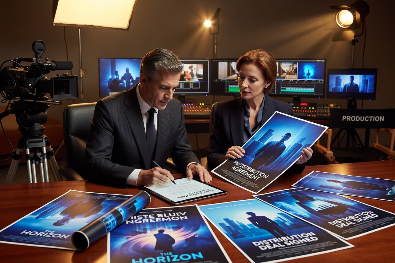two film industry professionals reviewing movie posters and signing a film distribution deal on a tablet, cinematic studio environment with cameras, lights, and editing monitors, warm dramatic lighting, professional film business atmosphere, suitable for movie industry marketing poster for the blue-colored background poster