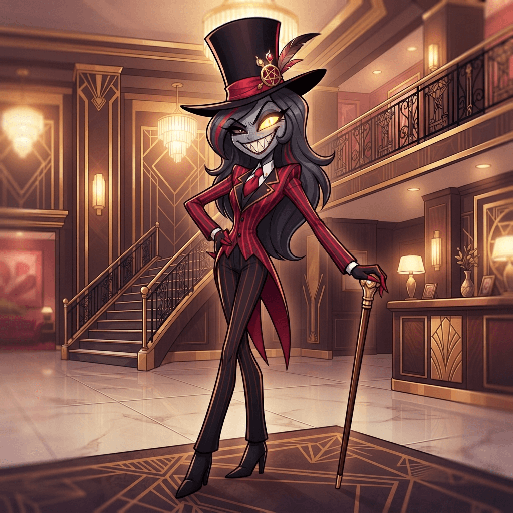 stylish cartoon demon woman with long thin limbs, grey skin, wide grin of sharp white teeth, red and black striped suit, tall top hat, one glowing eye, bold red black and white palette, art-deco hotel lobby with gold trim behind her
