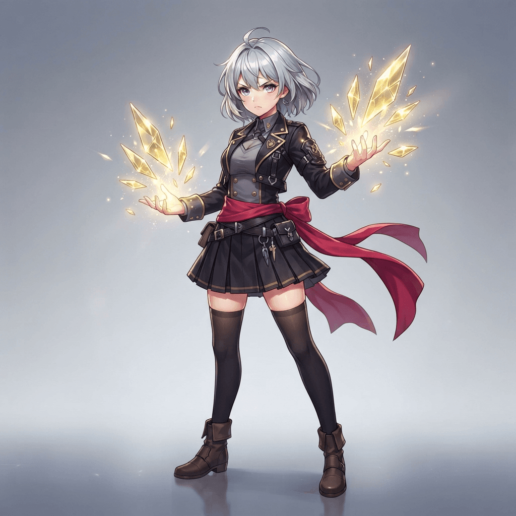 Anime illustration, 3/4 view, original sorcerer girl with short silver hair, dark uniform with a red sash, gold cursed energy shaped like glass shards floating around her hands, soft grey gradient studio background, vibrant, crisp