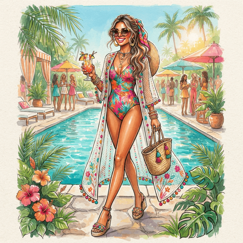 pool party fashion, bright swimwear with a sheer cover up, oversized sunglasses, tropical palette, styled with statement accessories, fashion illustration, full body