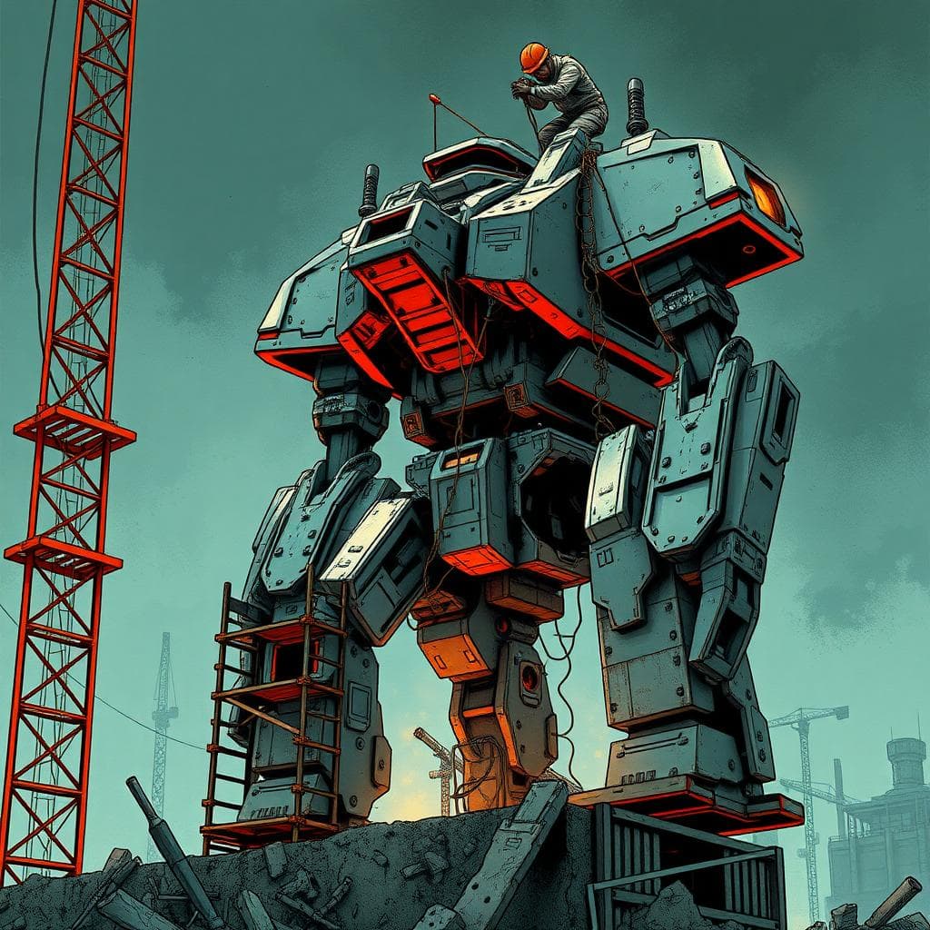 a construction worker working on scaffolding, an empty and open giant Mech suit de-powerd and broken, decommissioned, scrap, a sci-fi Noir post-futuristic, caves of steel, robotic humanoids, isaac Asimov book cover, style of Michel Whelan and Masamune Shirowm, high quality, premium, matt, aesthetic, todd mcfarlane comics,