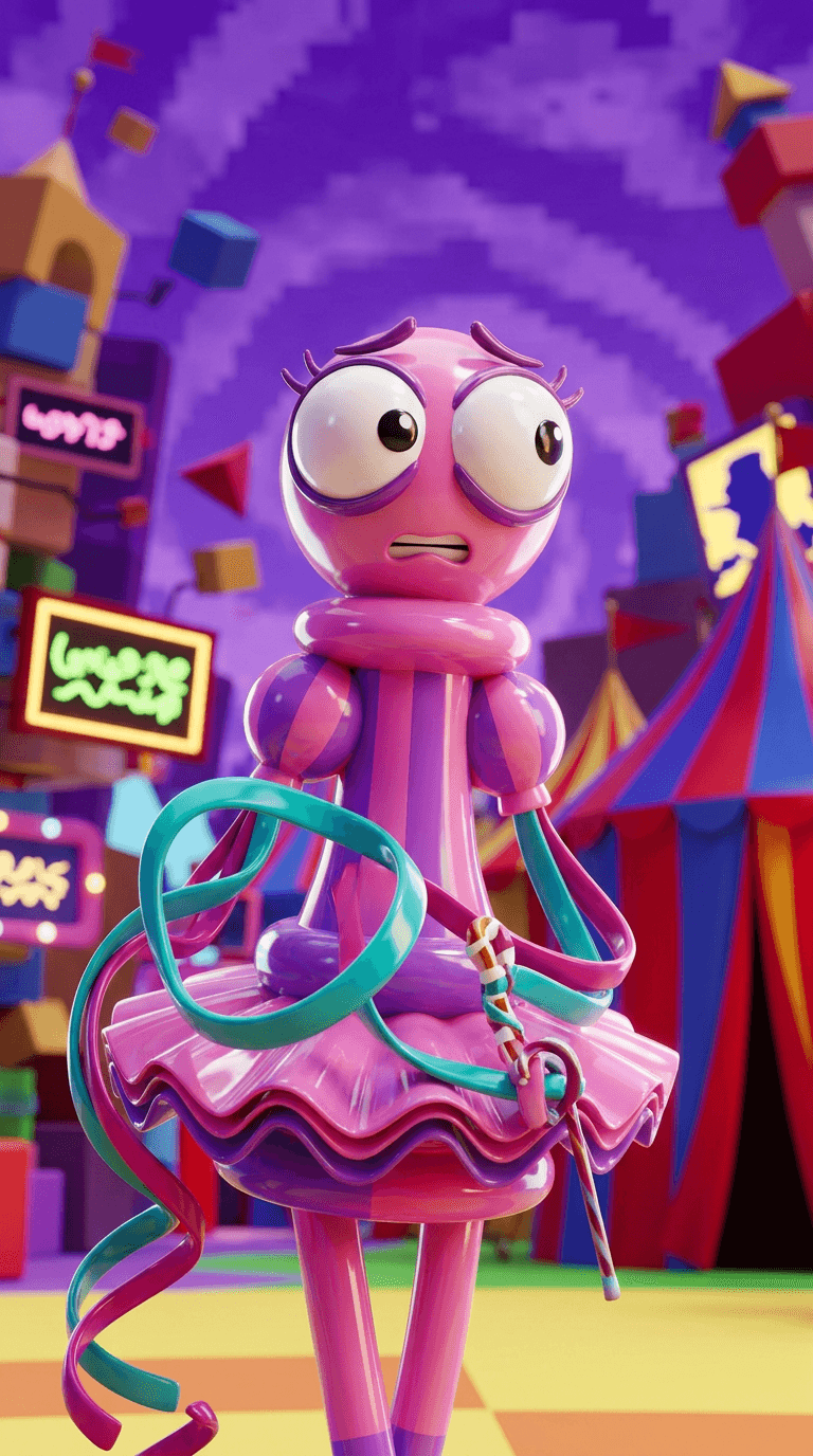 Original character in the art style of The Amazing Digital Circus: a glossy 3D toy-like character, a nervous chess-piece ballerina with big cartoon eyes and ribbon arms, saturated candy colours, plastic CGI look, surreal digital carnival grounds behind. Portrait framing from the waist up, face in the upper third of the frame, one character only. No text, no logo, no watermark.