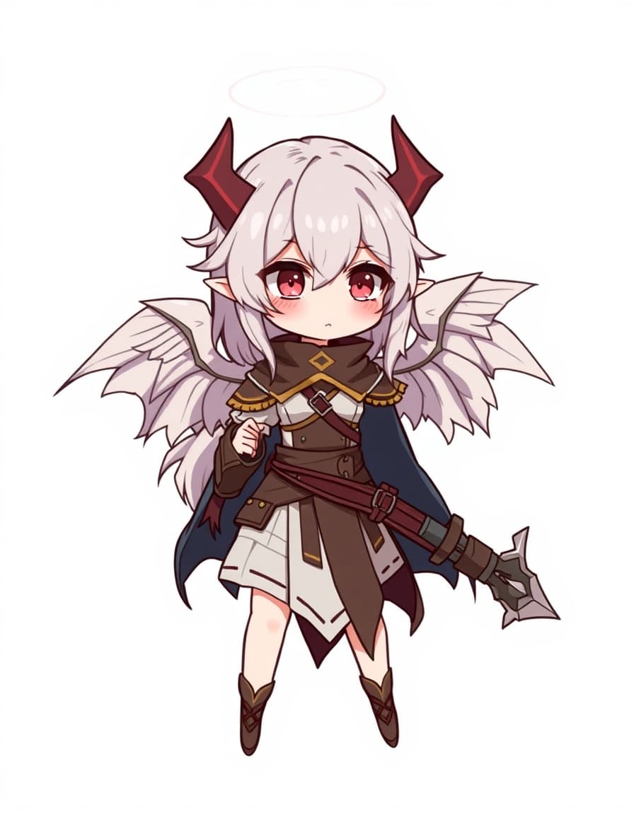 Simple female chibi warrior with both angel wings and demon horns