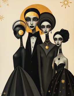 elegant chic high‑fashion illustration of a family of dark fantasy halloween characters in a formal headshot, rendered with luxurious acrylic paint, champagne‑toned palette and metallic gold leaf accents that glitter across the canvas. the scene features a feminine boy and his gothic relatives, their elegant costumes and makeup depicted as precise geometric circles, squares and triangles replacing organic gowns, creating a symmetrical, abstract composition. elongated necks and dark eyes echo modigliani’s style, while the overall aesthetic is upscale editorial, with stylish silhouettes, designer motifs and a refined, tactile luxury feel.