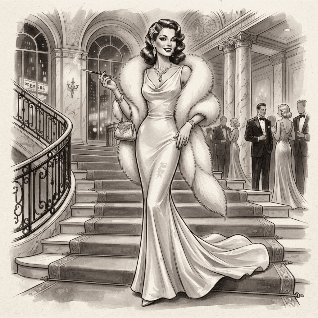 old hollywood fashion, white satin gown, fur wrap, marcel waves, monochrome glamour, styled with statement accessories, fashion illustration, full body