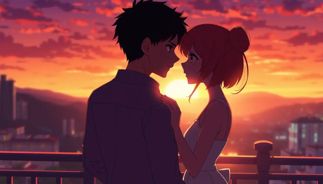 romantic anime couple standing together on a balcony at sunset, soft emotional moment, cinematic lighting, warm sunset glow, soft anime illustration style, digital painting, smooth shading, atmospheric background