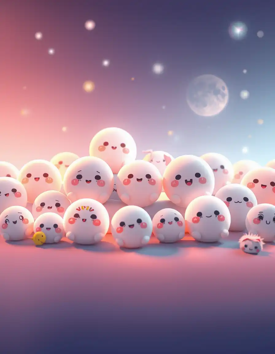 a vibrant, harmonious convergence of whimsical worlds unfolds, set against a backdrop of soft, diffused light that gently animates the entire scene with gentle pixar-esque subsurface scattering, imbuing the atmosphere with a serene, dreamlike quality reminiscent of a nostalgic animated classic. the gentle, even illumination highlights the subtle textures and topological nuances of rounded characters, their skin and fabric delicately rendered in soft, warm tones that invite a sense of comfort and familiarity.

as the camera pans across a tranquil, 4x5 grid layout, the charming, kawaii-style cartoon character illustrations come into view, each set within a pristine white border that adds a touch of elegance to the overall composition. the characters, simple yet endearing round white figures with adorable black-lined faces and minimalist line art, exude an infectious joie de vivre as they display a diverse array of endearing emotions – from the joyful spark in their eyes to the subtle, nuanced expressions that reveal their tender personalities.

the grid is bathed in a radiant **gradient rim light**, a soft, glowing halo that wraps around each character, separating them from the background with a smooth, ethereal transition from light to dark. the rim light's gentle warmth is reminiscent of natural sunlight, casting a sense of depth and shape to the scene. as the camera lingers on each character, the gradient rim light subtly shifts, imbuing their transparent, eye-catching layering – comprising delicate gradients, sparkling reflective hotspots, and vibrant chromatic edges – with an added sense of heightened emotional resonance, drawing the viewer's gaze into a world of gentle wonder and playful, carefree joy.