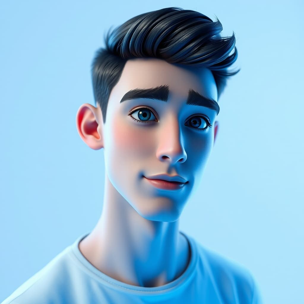 A male, portrait, blue tone, Disney Pixar studio style portrait photography, soft tone, model posing, half-length, with fine gloss, white clean background, 3D rendering, bokeh, Octane Render (OC), Blender, intellectual property style, best quality, 8K, super detailed, simple, cute