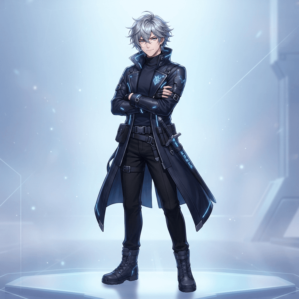 original anime character, cool young man with silver messy hair and violet eyes, dark high-collar coat with glowing blue accents, digital illustration