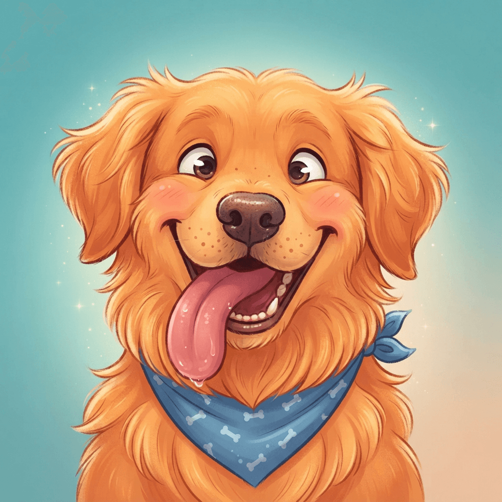 derpy golden retriever dog close-up avatar portrait, tongue flopping out sideways, big goofy grin, cartoon style, wholesome meme energy, funny pfp