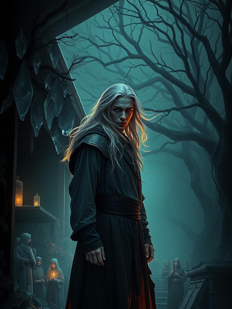To modify the provided text-to-image prompt and apply the 'Lighting' aesthetic of horror underglow lighting while keeping the core elements of the image, including the warrior-priest and the monastery, and incorporating the 'Composition' aesthetic, here's a revised prompt:

In the foreground, a lone warrior-priest with an introspective gaze and flowing, silver hair, clad in tattered, iridescent robes, stands amidst a dimly lit, abandoned crystal market stall. The stall's delicate, crystalline structures overlap with the warrior-priest, creating a sense of depth. However, the primary light source comes from below, casting an eerie glow upwards and distorting the shadows on the warrior-priest's face, making their eyes appear sunken and their cheekbones sharper. In the middle ground, faint, ghostly apparitions of monks and nuns, surrounded by a faint, otherworldly halo, seem to be in an unsettling harmony with the dark, twisted trees. The trees' branches stretch out, overlapping with the market stall and the warrior-priest, building a sense of layered depth. In the background, a majestic, yet ominous, monastery rises, its crystalline spire reaching toward the heavens like a haunting specter. The monastery's windows reflect the faint, pulsing glow of an otherworldly energy, casting an eerie, unsettling hue over the foreboding landscape. A faint, chilling mist fills the air, softening the edges of the scene and enhancing the sense of depth. The warrior-priest's gaze leads the viewer's eye into the distance, toward the monastery, creating a sense of visual hierarchy and guiding the viewer smoothly through the scene. The overall atmosphere is ominous and unsettling, with a sense of unease and foreboding.