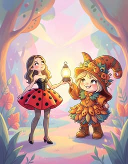 ladybug‑fa looking up, eyes serene, and pumpkin witch raising a gently glowing lantern, both in a dreamy garden bathed in warm pastel light; wide‑angle view captures them side‑by‑side. rendered in an abstract cartoon romanticism style with bold clean lines, exaggerated cartoon features, flat vibrant colors and soft edges; fluid geometric shapes and expressive brushwork create a lyrical, surreal composition of swirling color fields, textured patterns, and glowing atmospheric effects. the scene glows with romantic, ethereal lighting, emphasizing emotional, poetic mood while preserving the characters’ original identities and distinct poses.