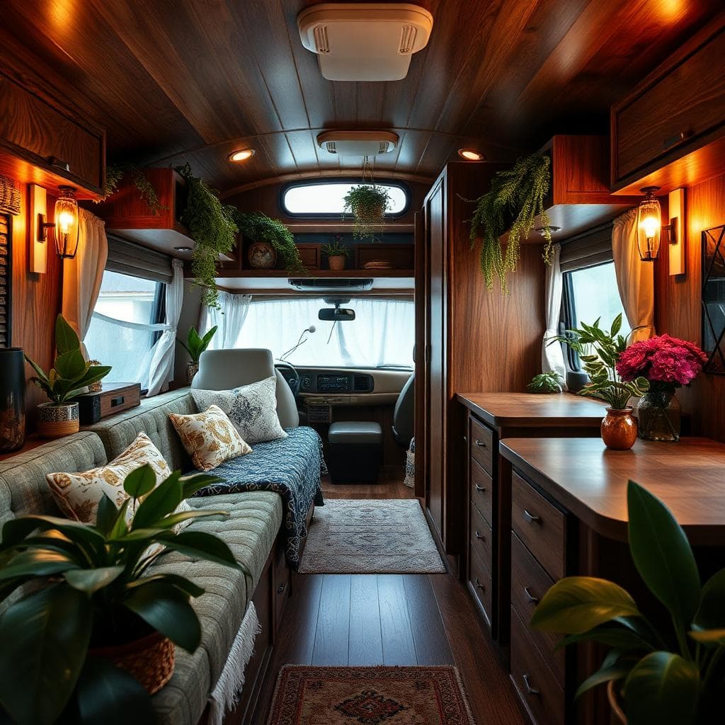 dim and cozy rv camper interior with botanical maximalism and mahogany wood