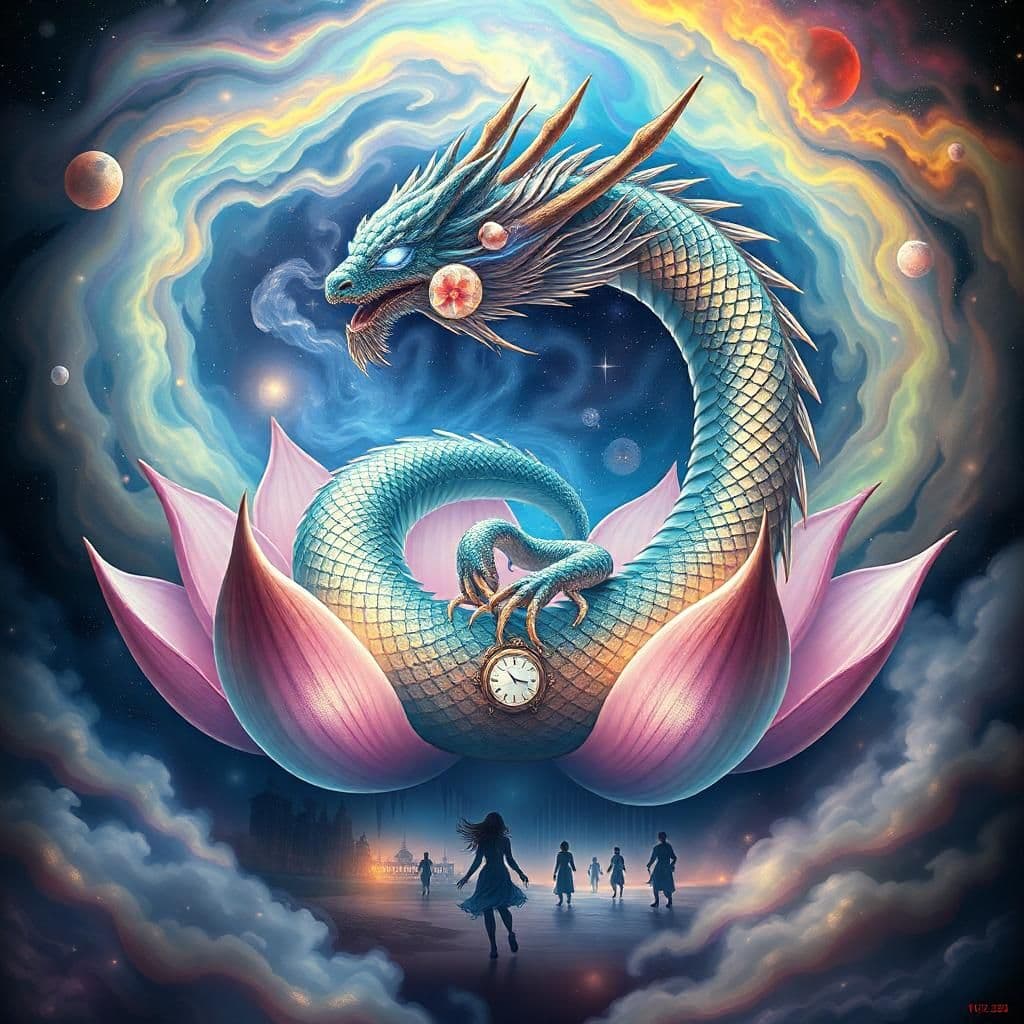 "a cosmic lotus dragon coiled within a swirling nebula of iridescent petals, its scales shimmering like stardust and pearls. the dragon's eyes burn with a soft, ethereal blue fire, casting an otherworldly glow. beneath the lotus, a void like a dark, velvety pond reflects a surrealist dreamscape: melting architecture, dripping clocks, and ghostly figures dancing in rapid succession, as if captured in a time-lapse sequence. the dragon's plumage oscillates between rising smoke and setting sun, as its gentle, mystical roar echoes through a haze of rainbow-colored mist, with an aura of mysticism and ancient wisdom emanating from the numbers 11223344 etched into the swirling clouds."