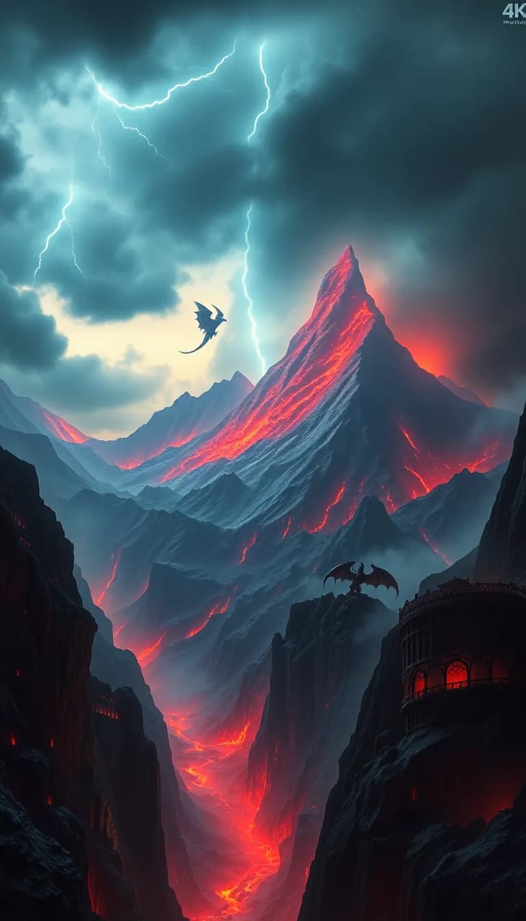 dragon's mountain lair, epic fantasy landscape,
massive volcanic peak with dragon silhouette,
lava rivers flowing down mountain,
dark stormy sky with lightning,
ancient ruins on cliff edges, dramatic scale,
dark fantasy atmosphere, ominous mood,
cinematic lighting, concept art style,
epic wallpaper, 8k ultra detailed