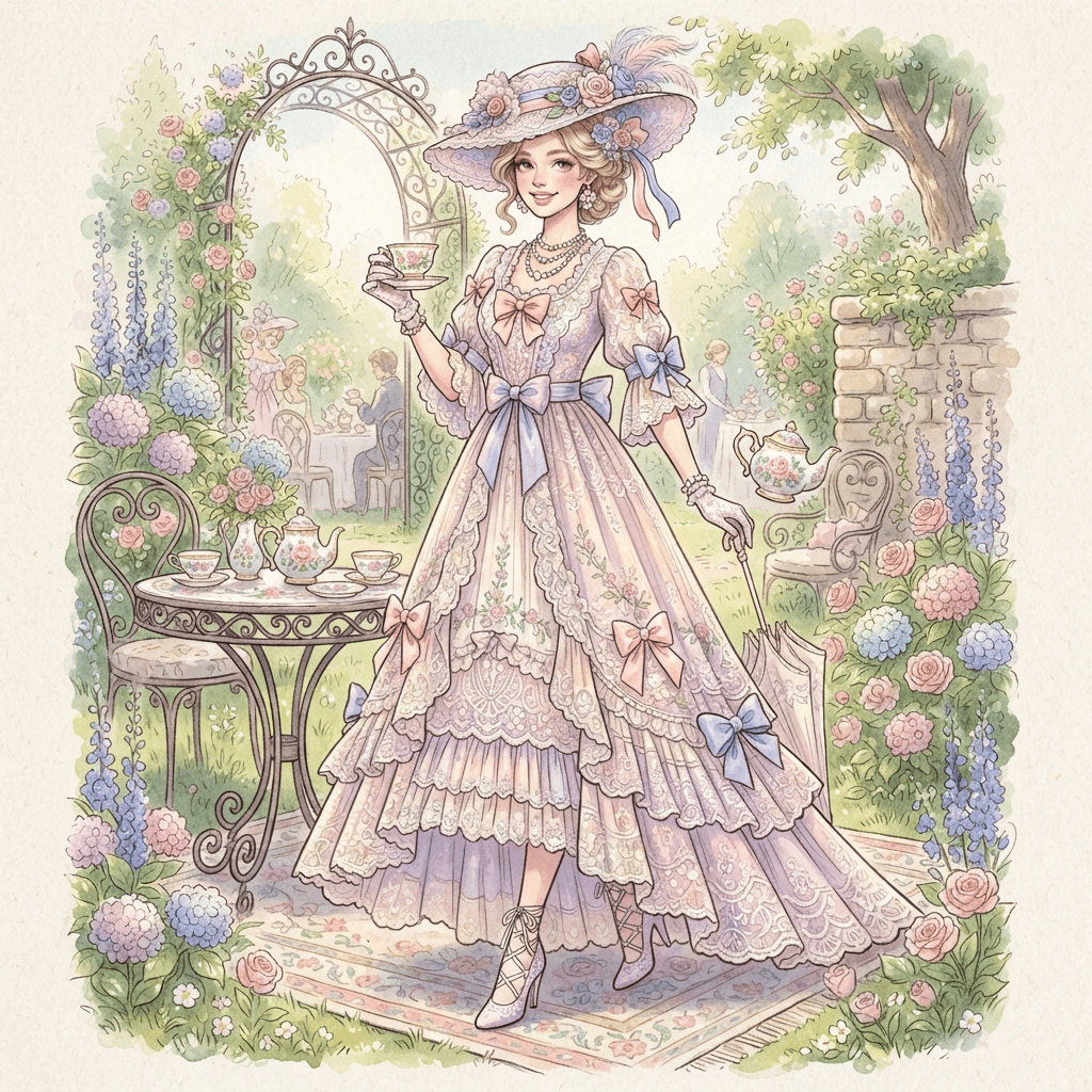 whimsical tea party fashion, pastel lace dress, ribbon bows, wide brim hat, delicate teacup accessories, full length gown look, fashion illustration, full body