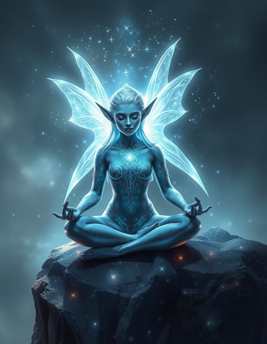 beautiful elf glowing iridescent meditating on a misty cliffside, surrounded by shimmering silver magic aura, enhanced fantasy glittering effects.