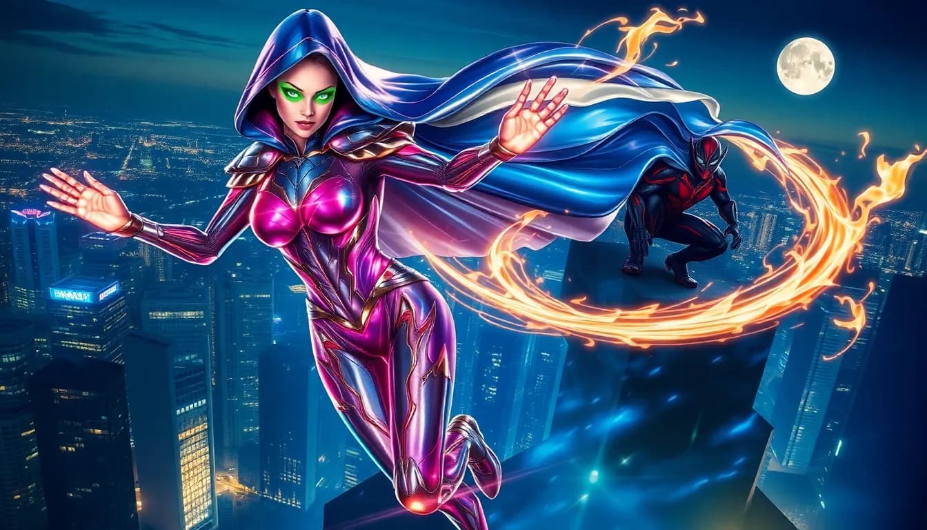 1. Photon Mirage

Prompt:
“Marvel-style superhero, female, cloaked in shimmering translucent armor that refracts light into rainbow patterns, can bend light to create illusions, floating above a neon-lit city at night, hands glowing with prismatic energy, dynamic heroic pose, cinematic comic book style.”

2. Iron Viper

Prompt:
“Male Marvel-style superhero, snake-themed armor with metallic scales, retractable venomous blades in arms, glowing green eyes, crouching atop a skyscraper, city at dusk, dramatic wind effect on cape, intense action comic style, cinematic lighting.”

3. Wisp

Prompt:
“Young Marvel superhero, ethereal and ghostly, can phase through walls and turn invisible, trailing blue-white mist as she moves, urban alley background, mysterious vibe, moonlight reflecting on mist, Marvel comic book style, highly detailed and cinematic.”

4. Emberlash

Prompt:
“Fire-based Marvel-style superhero, long flaming whip as weapon, red-orange glowing armor with black accents, flames swirling around hands, standing in ruined street, sparks and smoke everywhere, cinematic lighting, dynamic action comic style.”

5. Gearshift

Prompt:
“Tech-based Marvel superhero, male, cybernetic arms and mechanical legs, can shapeshift body parts into gadgets and tools, futuristic city rooftop background, holographic displays floating around him, comic book Marvel style, detailed dynamic pose, cinematic light reflections.”

Real life