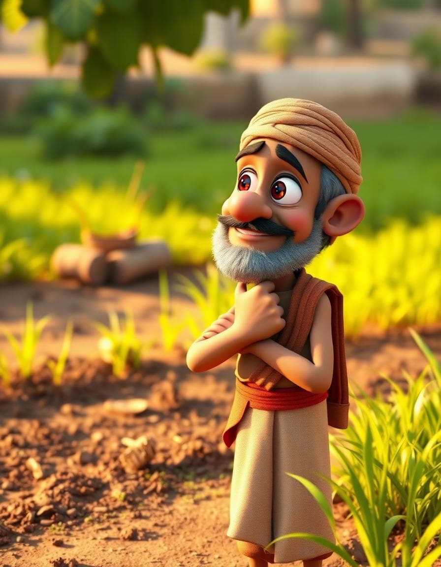 3D cartoon of Shyamu, the greedy farmer, standing near his dry field, watching Ramoo’s green field with jealous eyes. He’s scratching his chin, thinking of a plan. Warm afternoon light, consistent character style3D cartoon, Pixar-quality, warm lighting, soft textures, expressive faces, Indian rural setting, cinematic depth of field, consistent look across scenes.Lush green field background, Pixar-style, consistent character design.