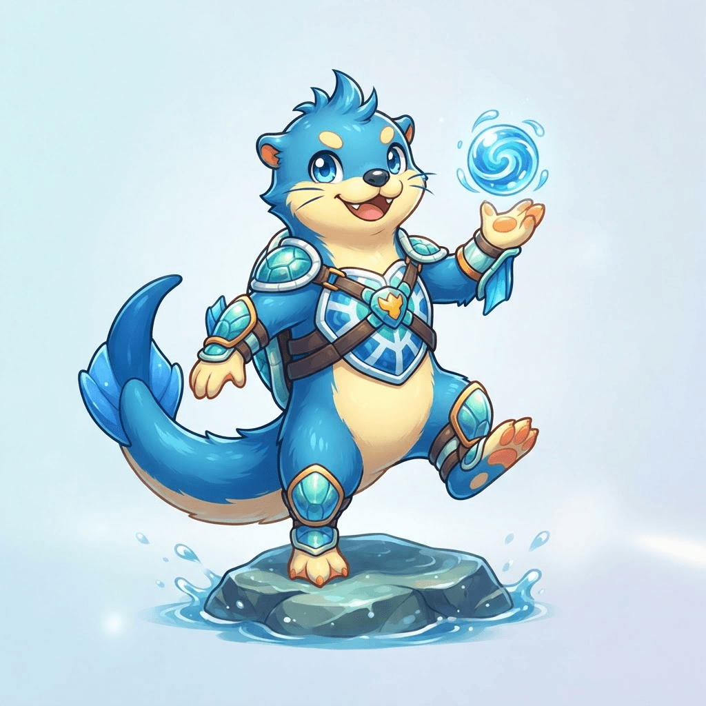 a playful water otter fakemon with a shell armor plate, pokemon-style original creature design, full body, centered, clean soft gradient studio background, vibrant colors, crisp high detail, digital illustration