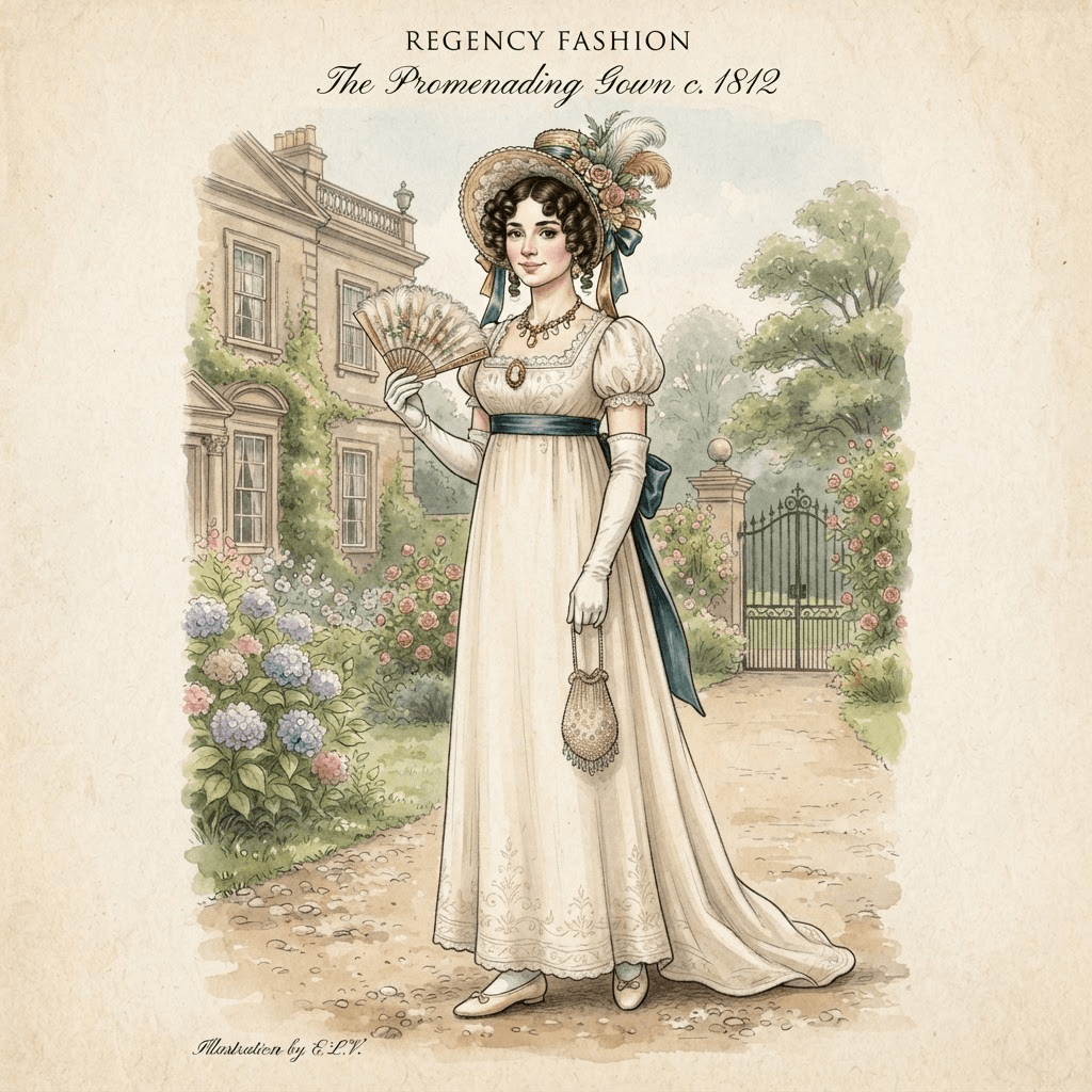 regency era fashion, empire waist muslin gown, long gloves, ringlet curls, bonnet, styled with statement accessories, fashion illustration, full body