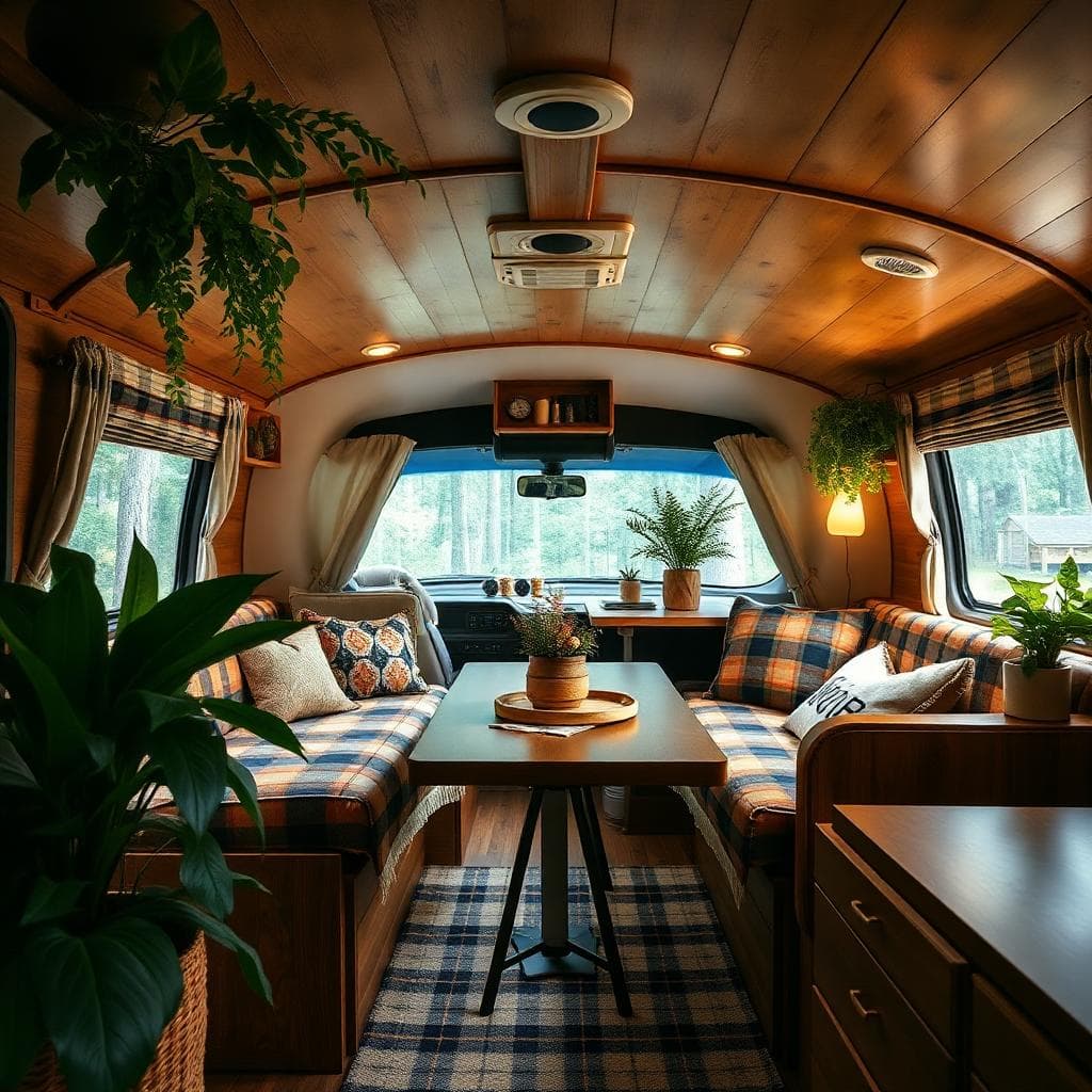 dim and cozy rv camper interior with botanical maximalism and mahogany wood, elements of plaid, cabin vibes