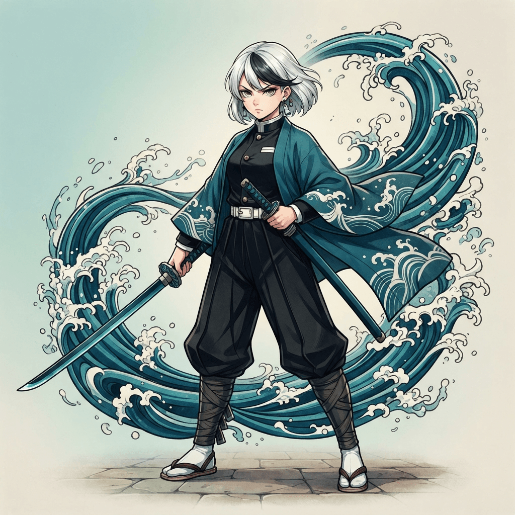 Anime illustration, original slayer, full body, black uniform with a deep teal haori patterned with white waves, katana with a teal blade held low, short white hair with a dark streak, focused eyes, swirling teal water breathing effect drawn like a woodblock print, clean soft gradient studio background, vibrant, crisp