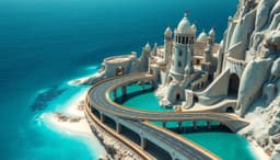 luminous curving road tunnel over a deep blue‑green lagoon and white‑sand shore, merging into an escher‑style surreal staircase cityscape of interlocking towers, bridges, arches and impossible stairs rising from the water’s edge, edge‑tension layout with the tunnel and architecture pressed against the frame edge, near‑clipped, creating urgency and instability, metallic gold, silver and copper tendrils tracing lace‑like edges, resin‑petri art cells blooming like pastel flowers, crash‑zoom view with radial motion‑blur spokes from a sharp central focus, three‑dimensional jewel‑like depth.
