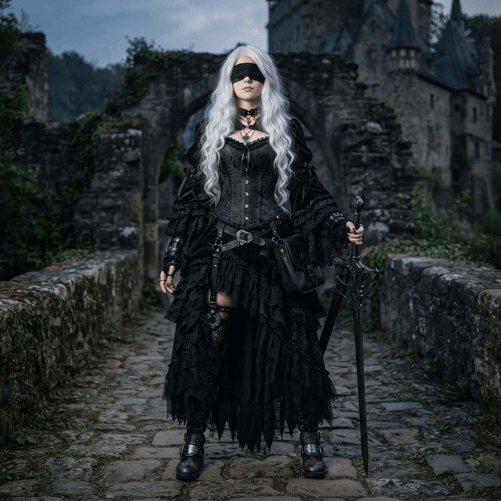 a white haired figure in a black gothic combat dress with a black blindfold and long puffed sleeves, cosplay reference, full body, standing portrait