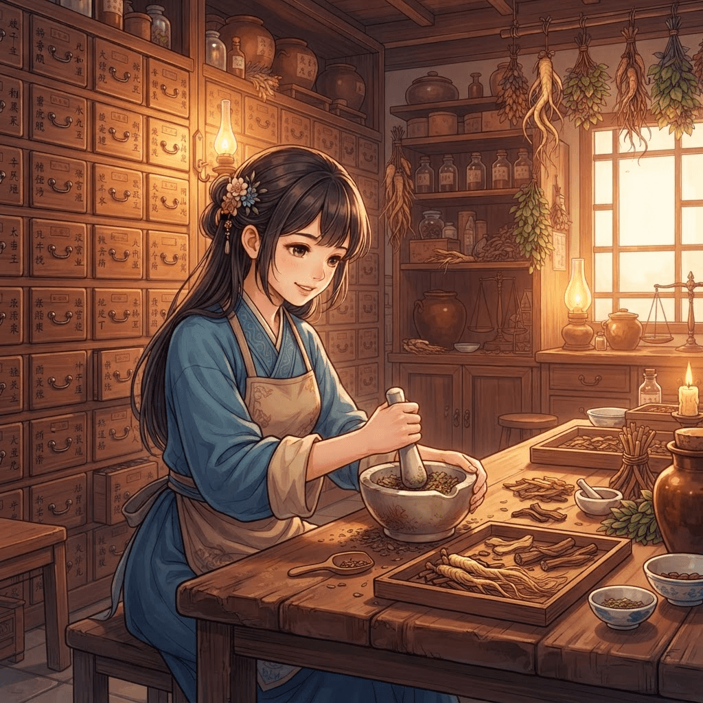 anime pharmacist girl grinding herbs with a mortar and pestle in an old apothecary shop, wooden medicine drawers, historical chinese setting, warm light, clean soft gradient studio background, vibrant, crisp high detail, digital illustration, no text, no words