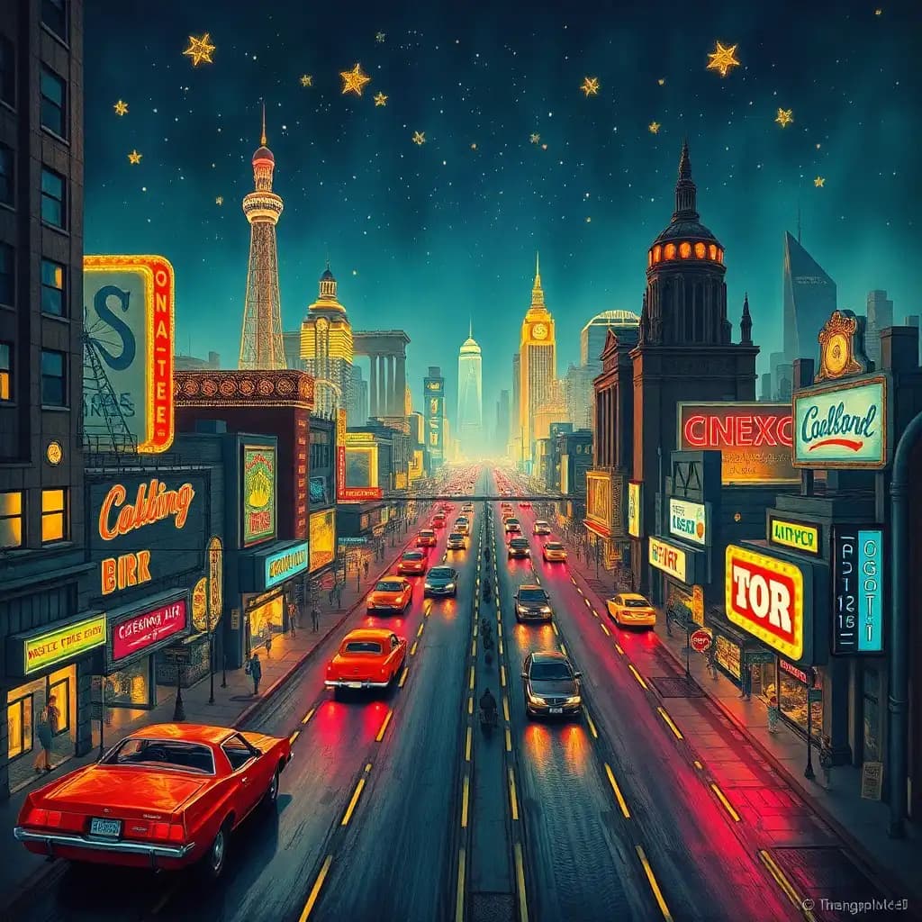 imagine a bustling retro-futuristic cityscape, depicted in the style of a meticulously detailed medieval manuscript illustration, where neon lights mimic stars and retro automobiles hover gracefully above paved roads. the scene pulsates with energy, painted in vibrant hues that blend pop art and futurism, inviting one to explore a world where history and future intertwine.
