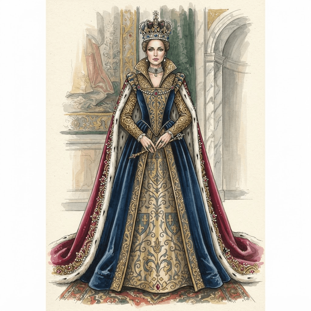 historical figure inspired fashion, regal period costume, ornate crown and robes, full length gown look, fashion illustration, full body