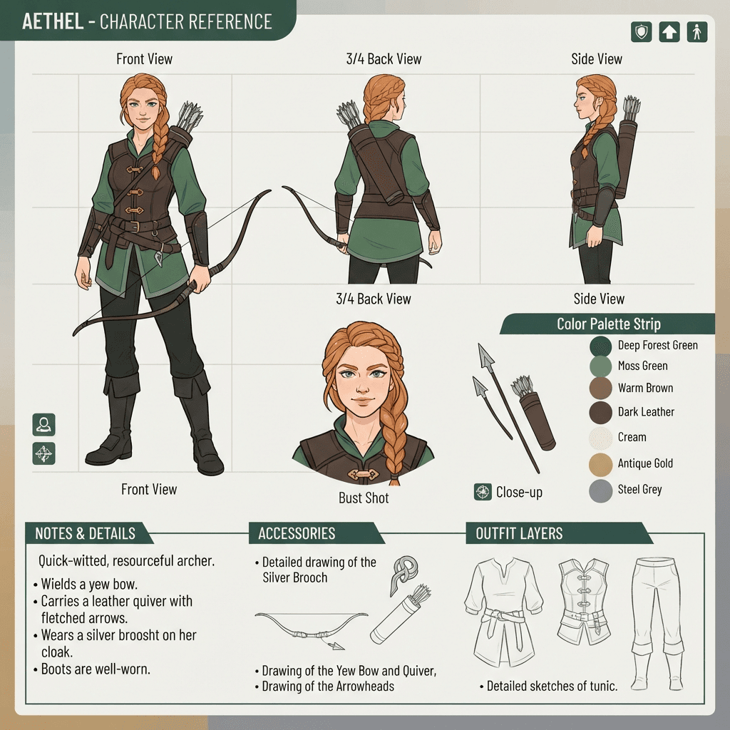 a character reference sheet with multiple views and a color palette strip, clean layout, different color scheme