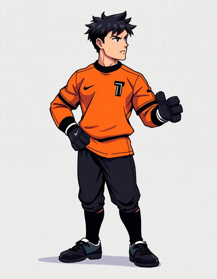 A highly detailed pixel art sprite of a confident and athletic soccer goalkeeper standing in an idle pose, in retro '80s and '90s Japanese anime style. The character faces slightly right, with a strong and agile build and dramatic pixel shading to emphasize muscles and clothing folds. He wears a bright orange soccer goalkeeper jersey with black trims and the number '1' on his chest, black shorts or long pants, black cleats, and large classic goalkeeper gloves. His short, messy dark hair is richly shaded. His expression is calm and confident, embodying the pride of an elite goalkeeper. The background is a soft gray checkerboard