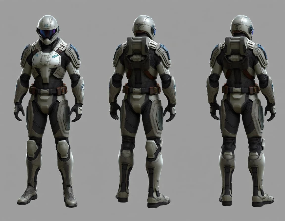 Futuristic sci-fi soldier with full armor. Photo realistic style. Model sheet with front, back and side view of the model. Fantasy sci-fi
