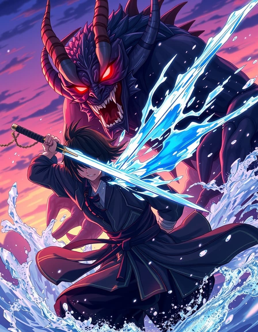 "A high-speed anime battle at dusk, a Demon Slayer with a Nichirin Blade (water breathing, blue effects) clashes against a powerful demon with glowing red eyes and jagged claws. Dyna
mic Ufotable-style animation, splashing water effects, intense facial expressions, traditional black-and-green Demon Slayer uniform, detailed kimono patterns, ultra HD."