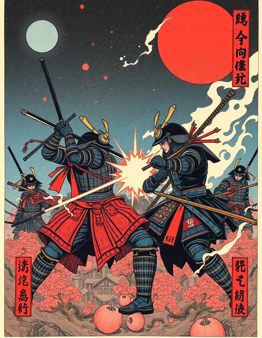 A cyberpunk samurai battle, rendered as a Ukiyo-e woodblock printA cyberpunk samurai battle, rendered as a Ukiyo-e woodblock print